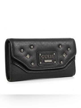 Vintage GUESS Black Studded Logo Flap Checkbook Wallet Y2K
